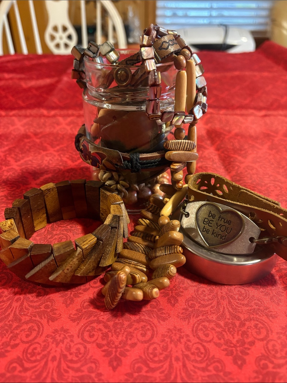 Leather and Wood women Bracelets Brown and wood necklace plus pearl earing.